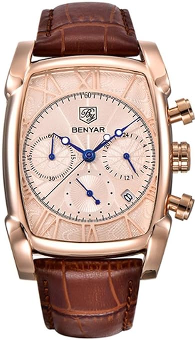 BENYAR Leather Luxury Chronograph Men Watch (Gold Dial, Gold Colored Strap), Brown Band