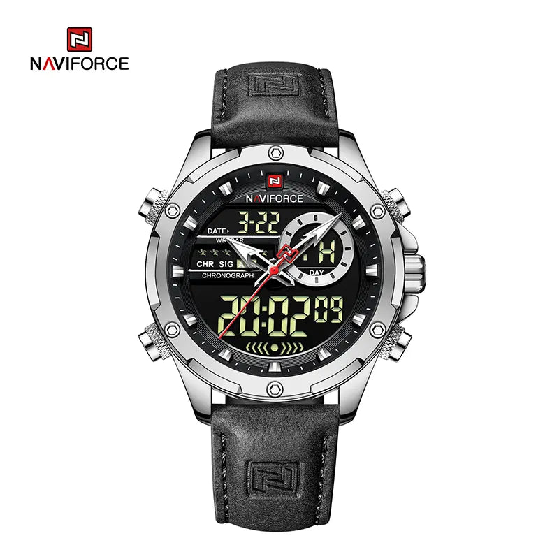 Relógio Masculino NAVIFORCE NF9208 – Luxo e Sofisticação [Moda, Couro Genuíno, Calendário, Display LCD, À Prova d'Água, Quartzo]