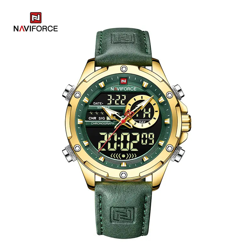 Relógio Masculino NAVIFORCE NF9208 – Luxo e Sofisticação [Moda, Couro Genuíno, Calendário, Display LCD, À Prova d'Água, Quartzo]